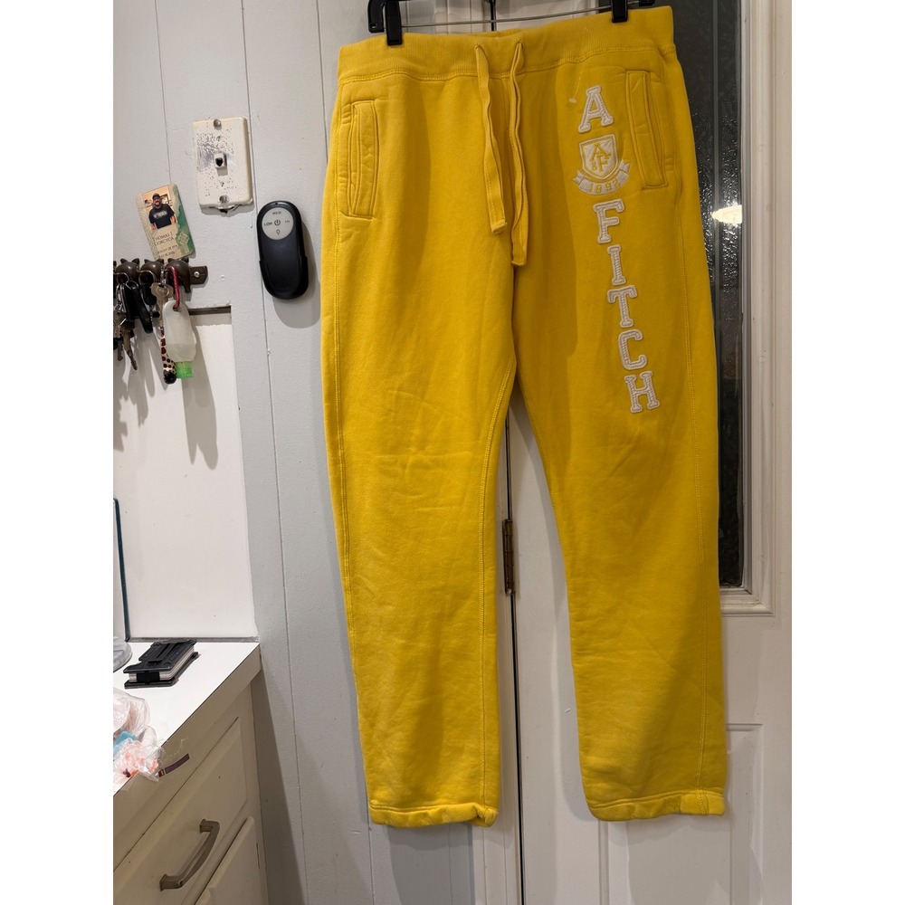 Abercrombie & Fitch Mens Large Yellow Logo Fleece Sweatpants Joggers Drawstring